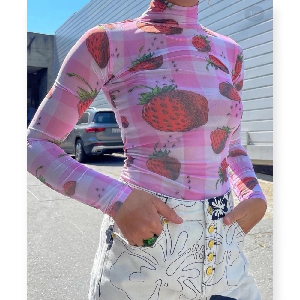 Colin Locascio Bella Pink White Strawberry Print Long Sleeve Turtleneck Mesh Top